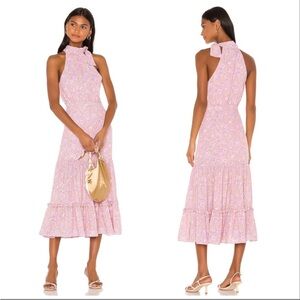 Likely Revolve Mona Floral Midi high neck tie Dress 8 pink ruffle